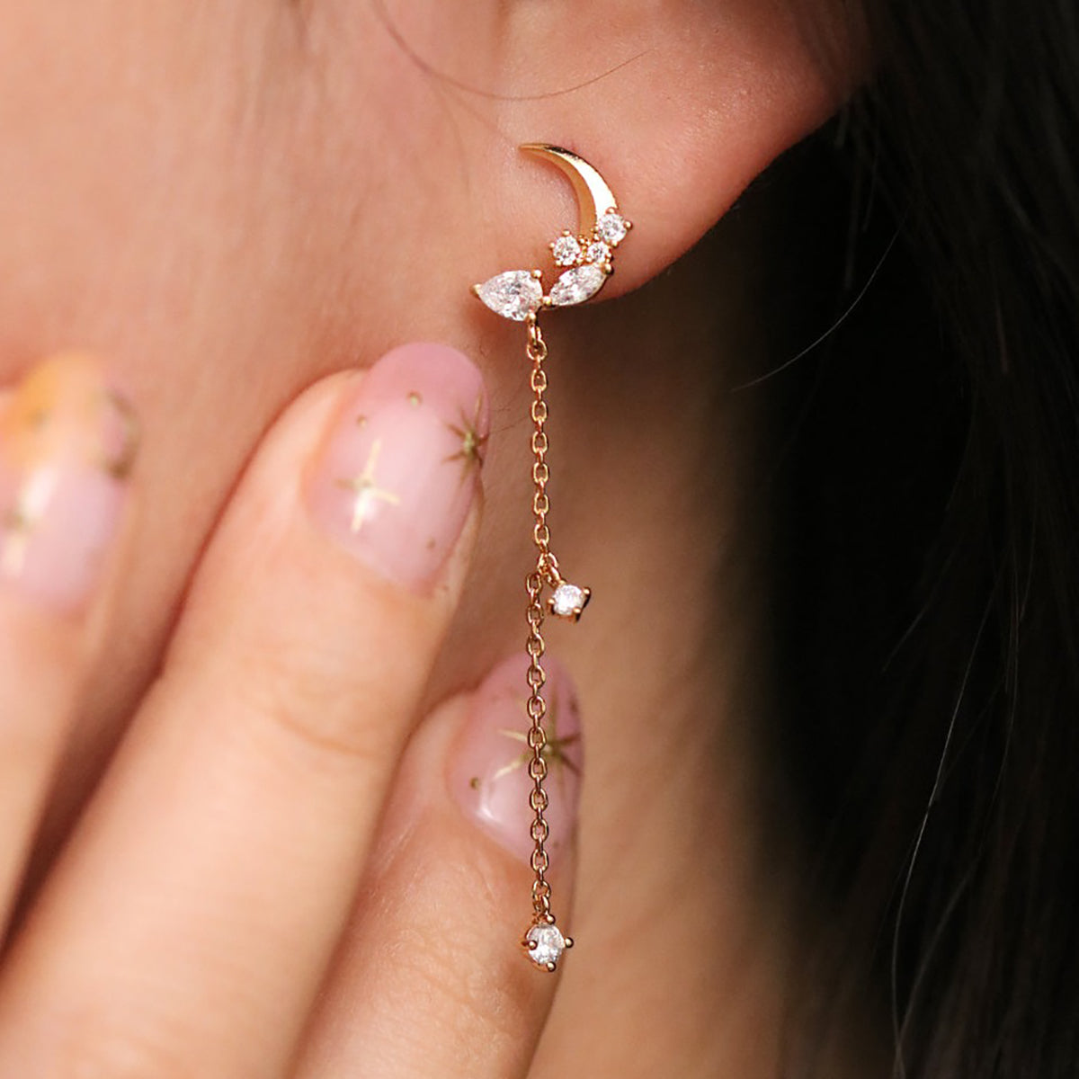 Sparkle Moon Drop Chain Earrings-2